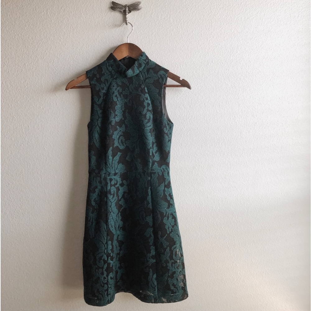 H&M Mock Neck Emerald and Black Sleeveless Mini Dress